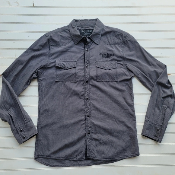 Guess Long Sleeve Black Snap Shirt Men's Gray Striped Long Sleeve Casual Sz M - Picture 1 of 10